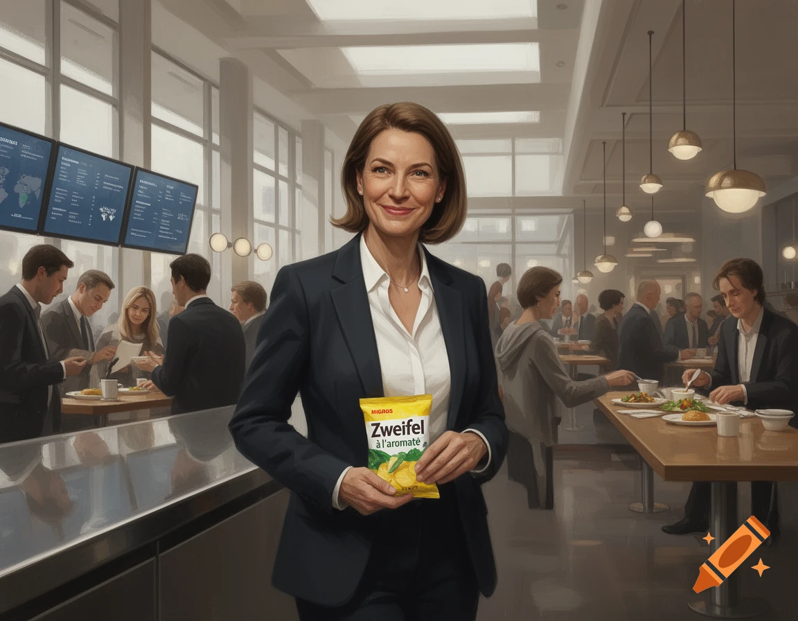 A smiling woman in a dark suit holds a bag of Zweifel chips in a modern, busy cafeteria with people eating and screens displaying data in the background.
