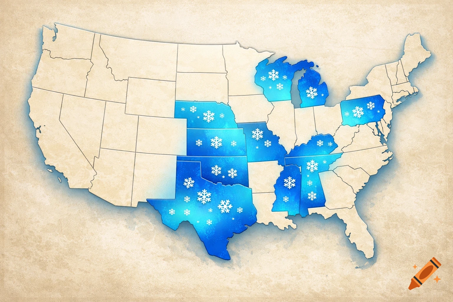 A stylized map of the USA showing a snow zone, with several states highlighted in blue with snowflakes on a textured background.