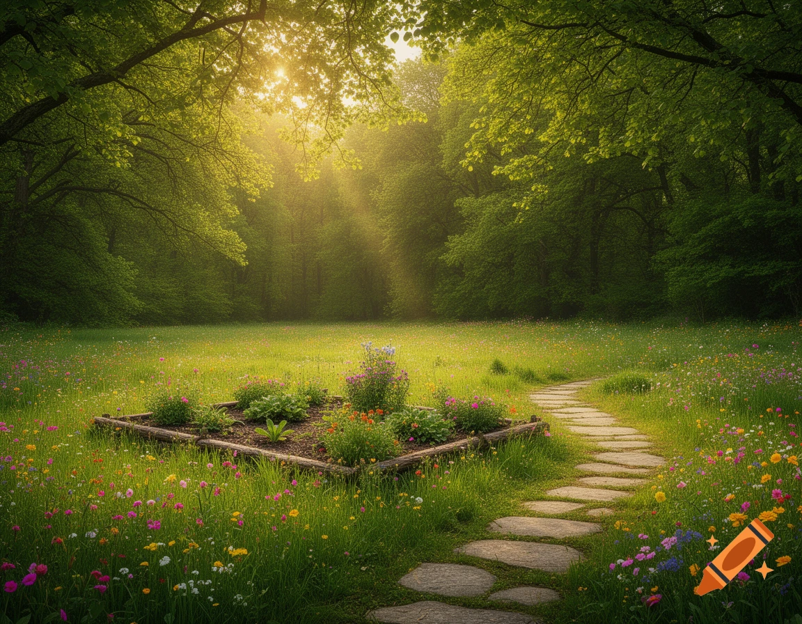A sunlit winding stone path through a colorful wildflower meadow to a ...