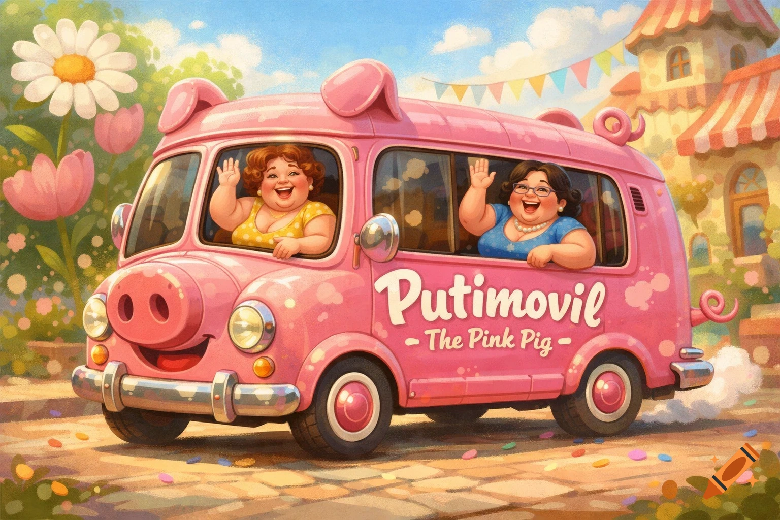 A cheerful, cartoon-style pink pig bus with two smiling women waving from the windows, in a whimsical outdoor scene with flowers.