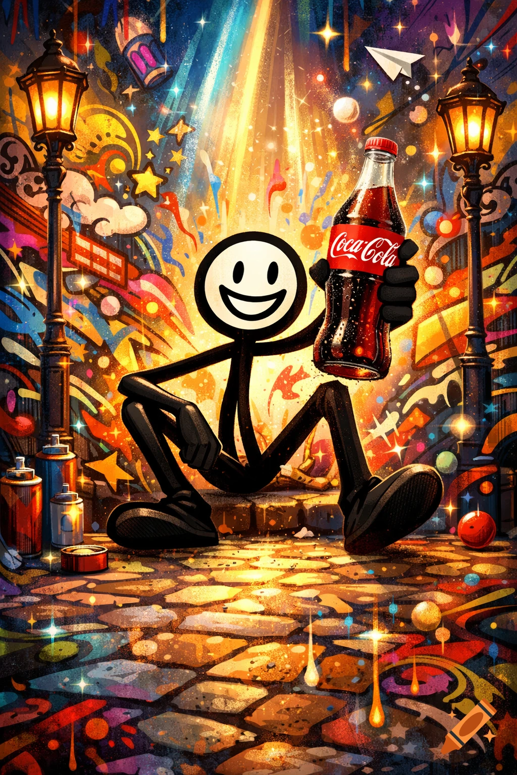 Black stick figure with a smiley face holding a Coca-Cola bottle, against a vibrant, colorful, graffiti-style street background with streetlights.