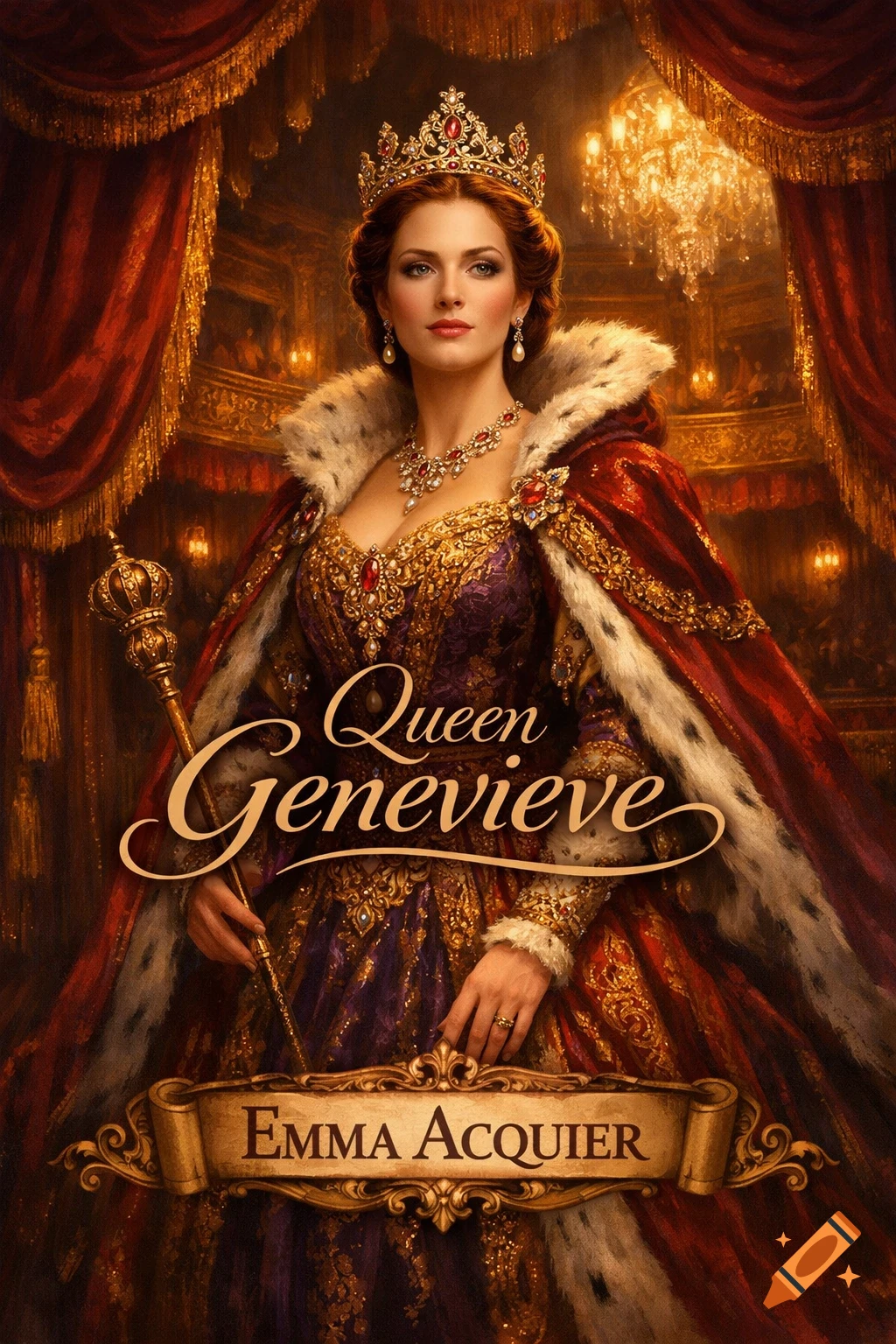 A regal woman in a crown, elaborate red and gold gown, and fur-trimmed cape holds a scepter in a lavish chamber. Text reads "Queen Genevieve" and "Emma Acquier".