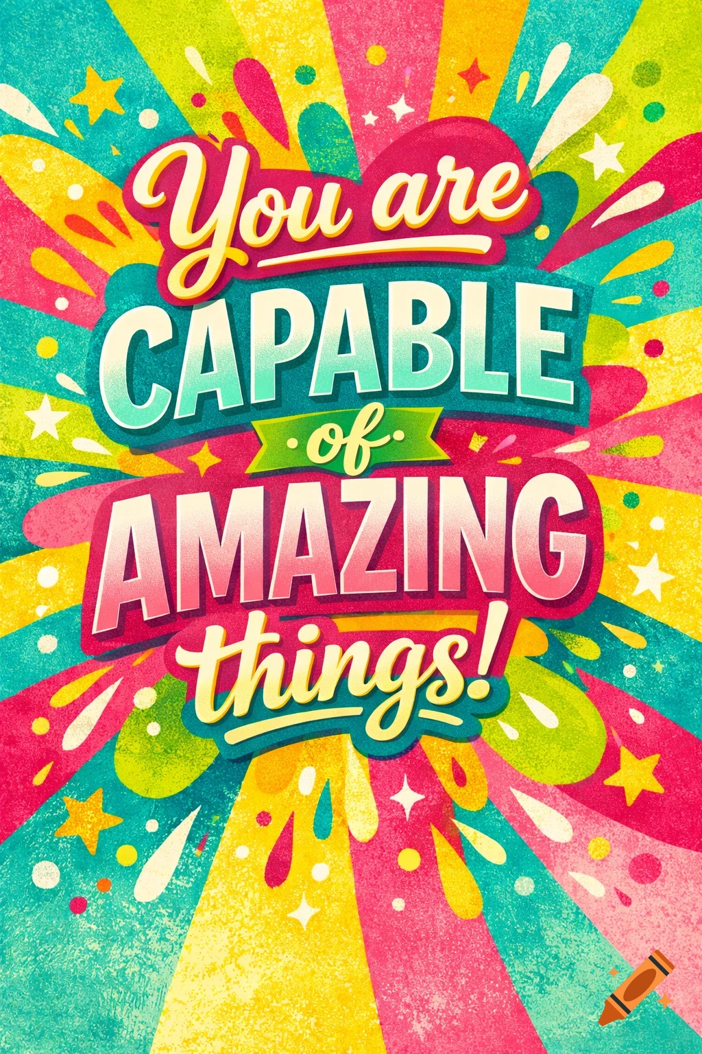 A vibrant, colorful graphic poster with the inspirational quote 'You are CAPABLE of AMAZING things!' in a playful, textured style.