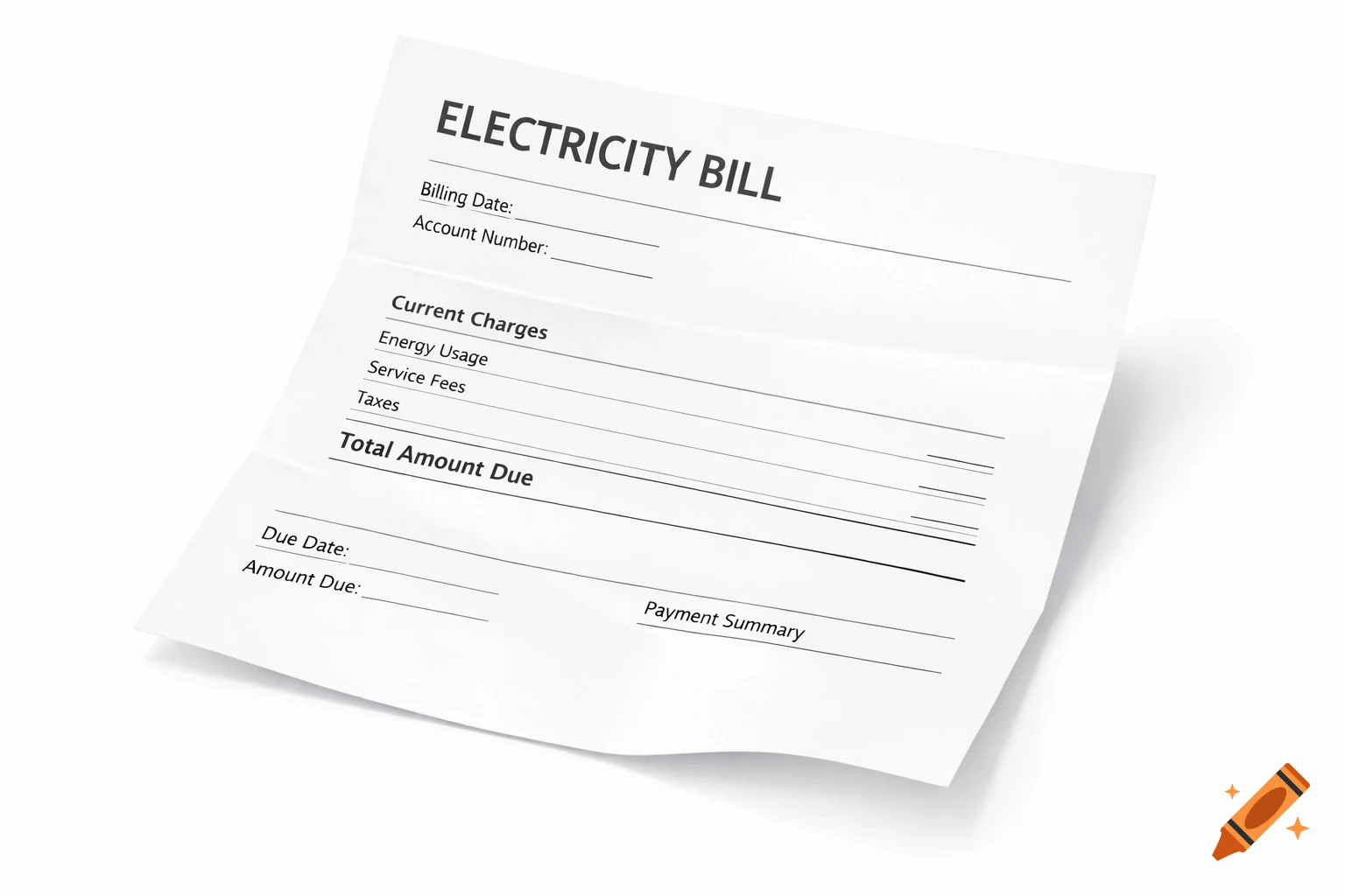 A photorealistic, slightly folded white electricity bill with headings and lines, on a clean white background.
