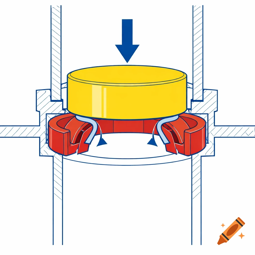 Cross-sectional technical illustration of a yellow cap inserting into a red cover with flexing snap-fit tabs.