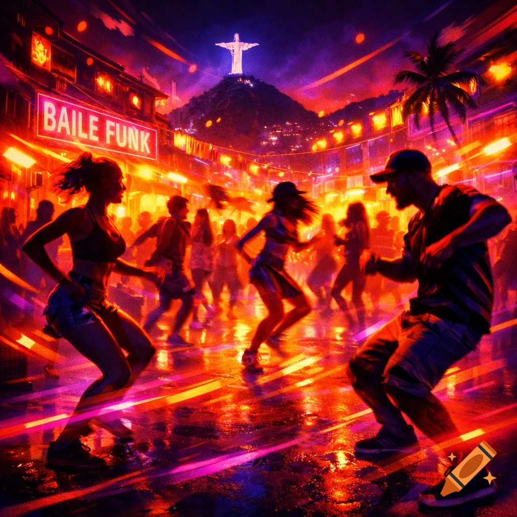 Vibrant, neon-lit Baile Funk party in Rio de Janeiro at night, with people dancing and Christ the Redeemer in the background. Motion blur style.
