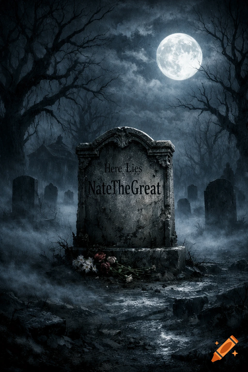 Gothic graveyard at night under a full moon. A central tombstone reads 'Here Lies NateTheGreat', surrounded by bare trees and mist.