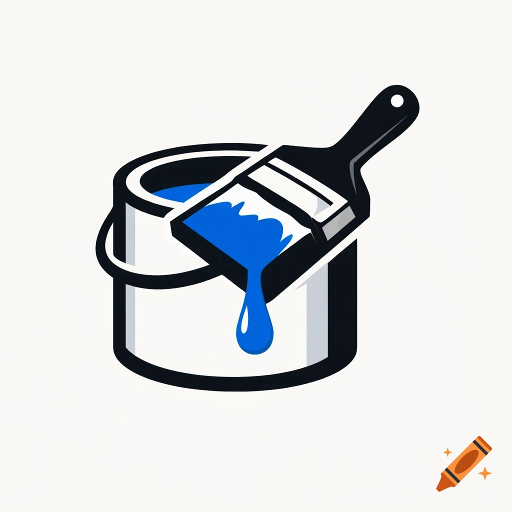 Modern minimalist vector logo of a paint can with a paintbrush dripping blue paint.