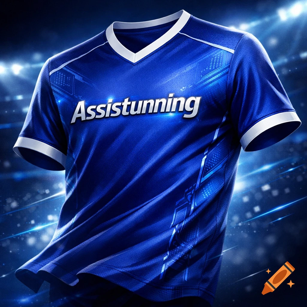 A blue soccer jersey with white trim and 'Assistunning' sponsor text on the front, set against a dynamic background with stadium lights.