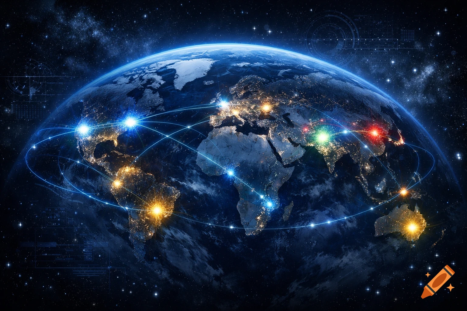 Photorealistic Earth from space at night, illuminated cities with a global network of blue light connections.