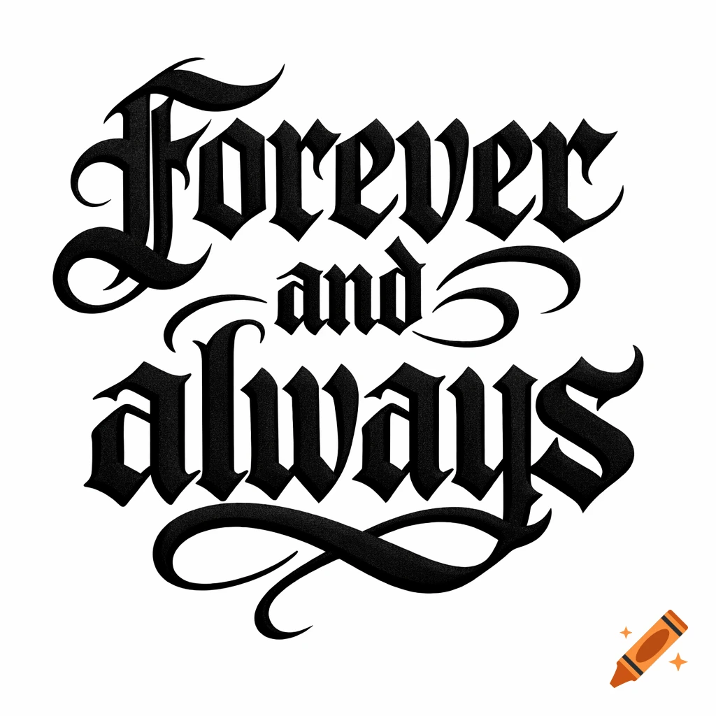Black gothic script lettering spelling 'Forever and always' on a white background.