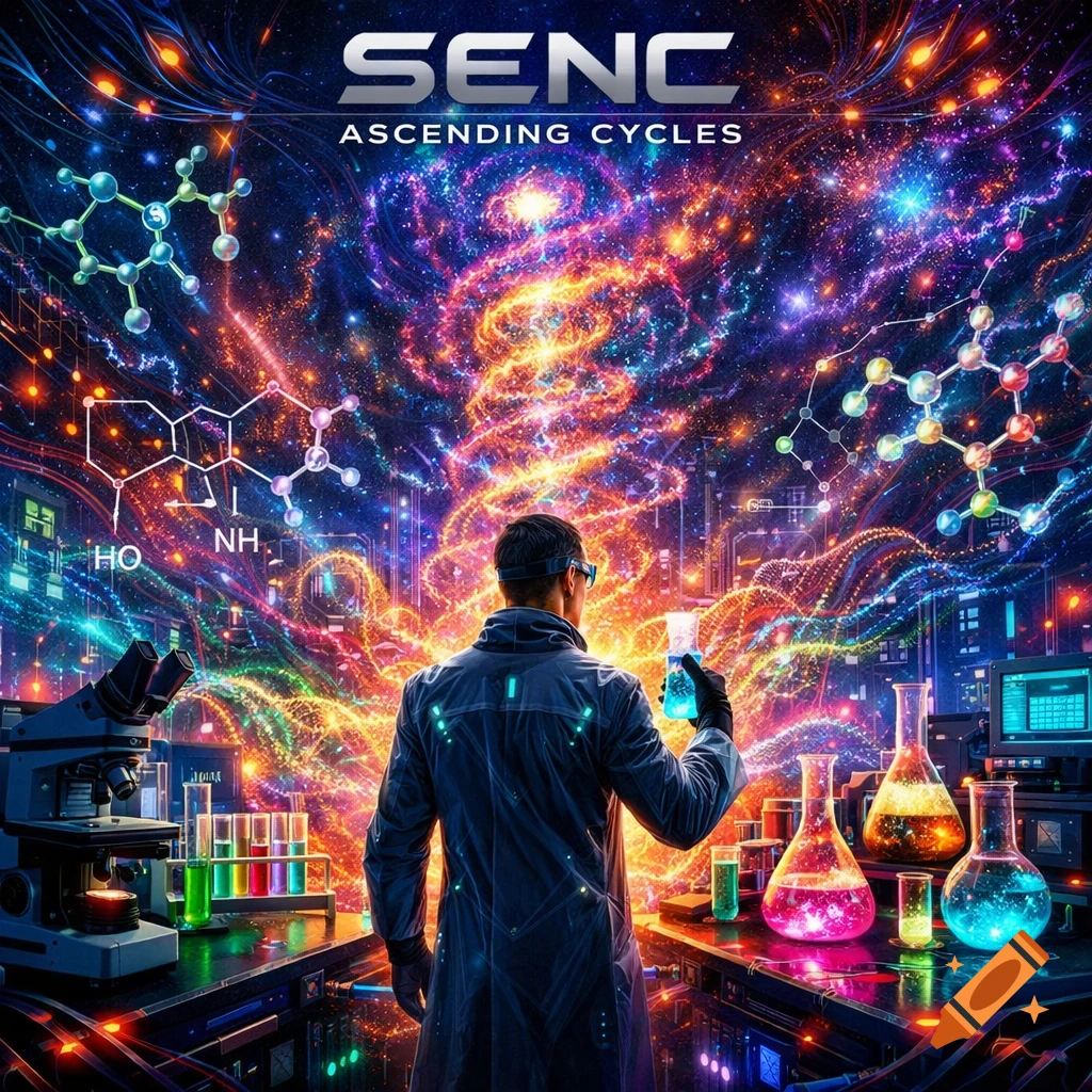 A researcher in a futuristic lab surrounded by glowing molecular structures and swirling psychedelic lights, with "SENC Ascending Cycles" text.