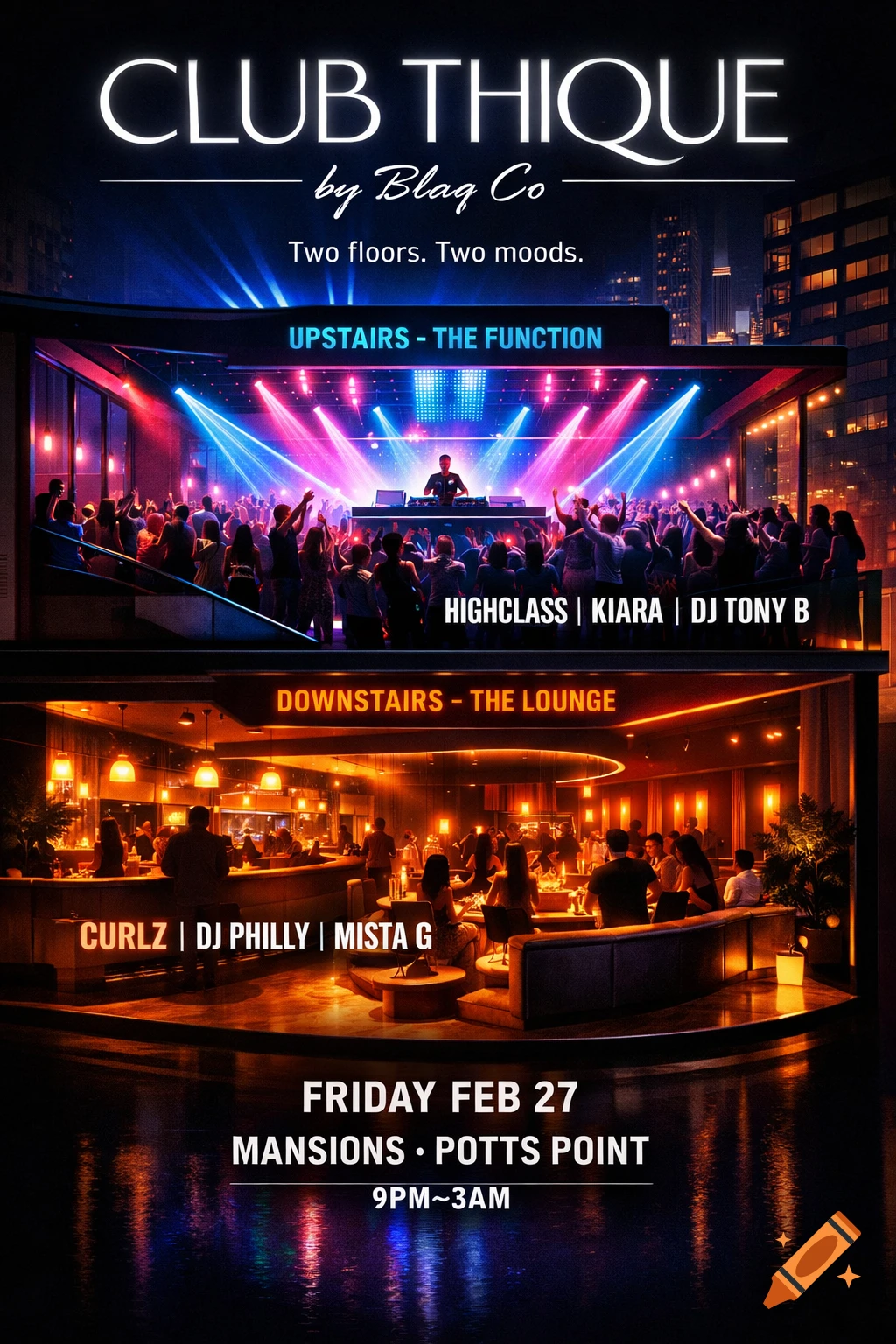 Digital poster for Club Thique showing a two-level club. Upstairs is a lively dance floor with a DJ, downstairs is a calmer lounge. Text lists event details and DJs.