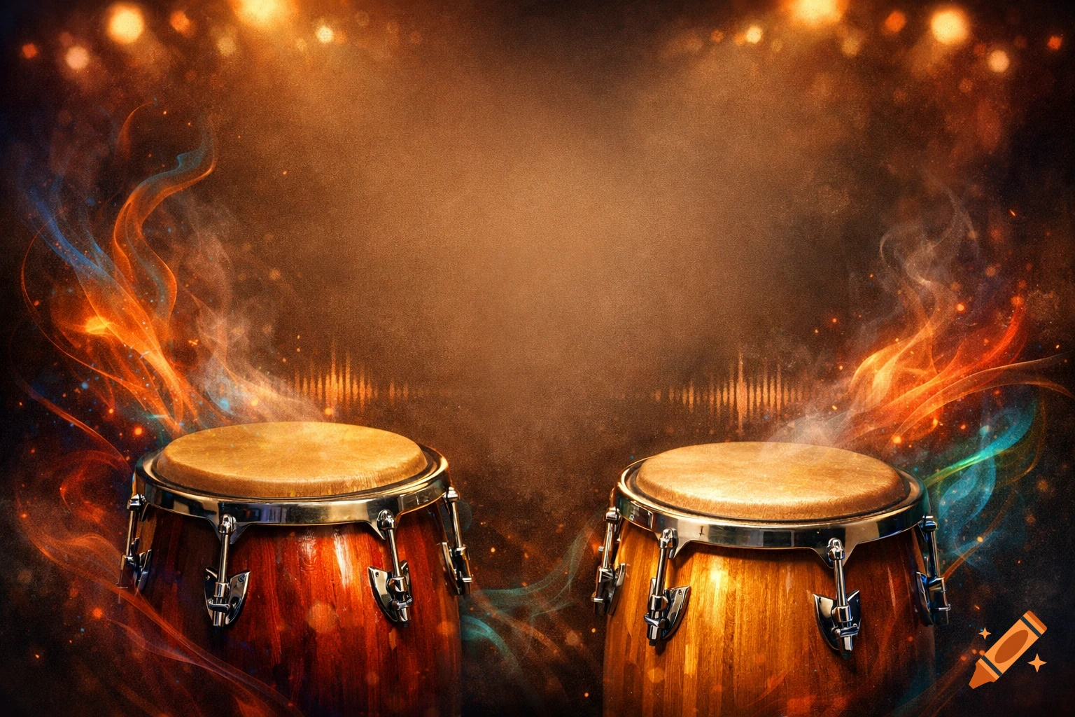 Two vibrant conga drums surrounded by fiery, colorful smoke and light effects against a textured brown background.