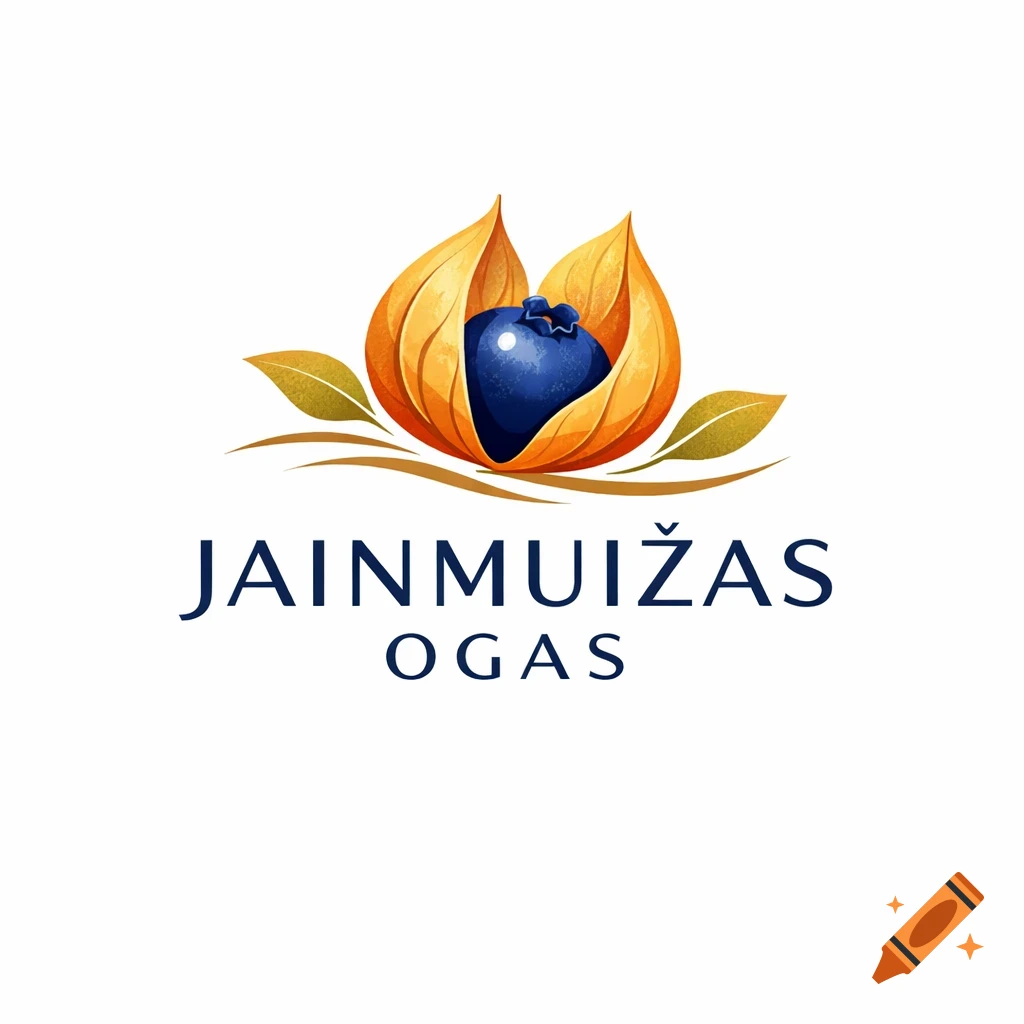 Modern logo featuring a blueberry inside an open physalis husk with leaves, above the text 'JAINMUIŽAS OGAS'.