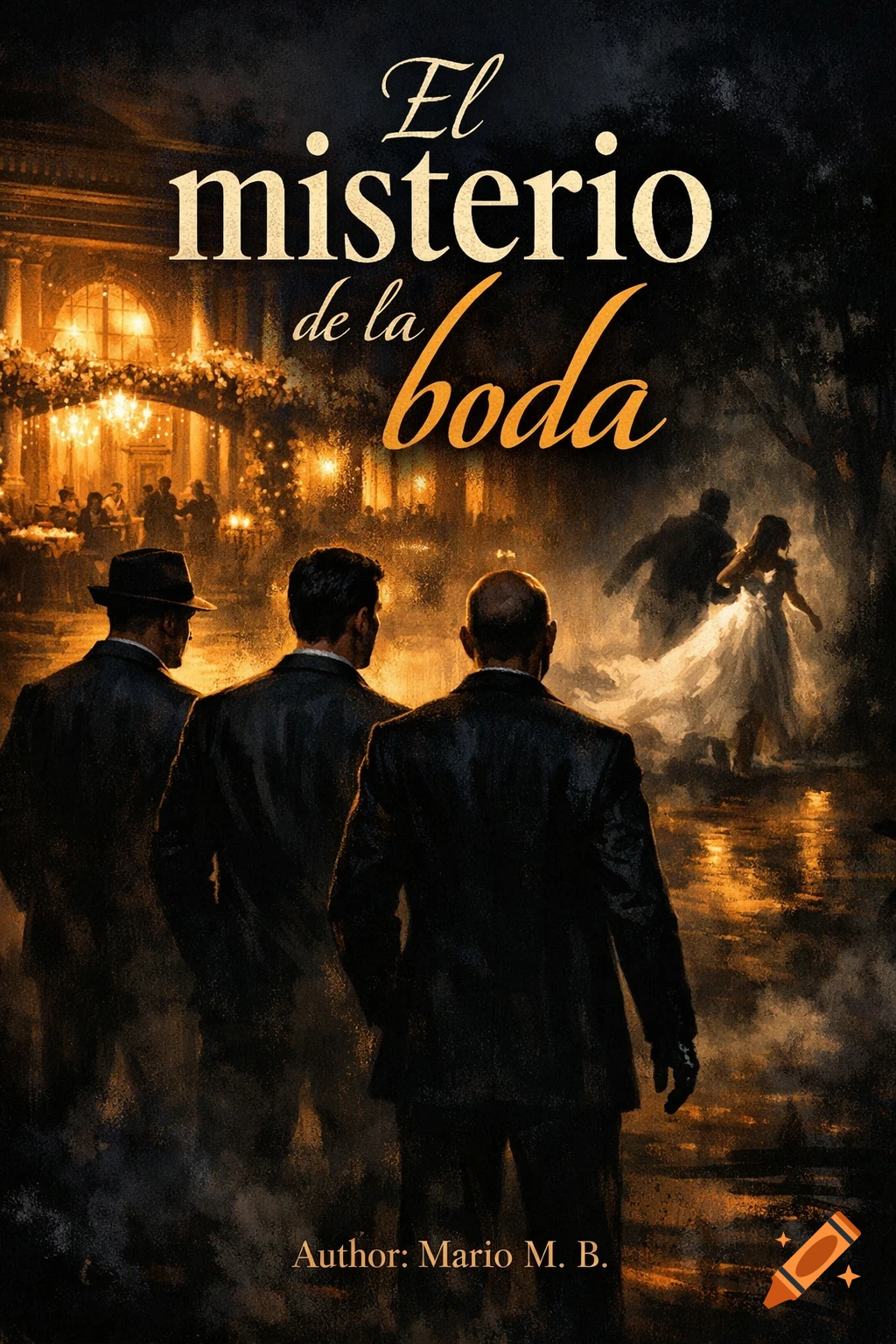 Mystery book cover "El misterio de la boda" shows three men in suits watching a bride led away from a lit wedding venue at night.