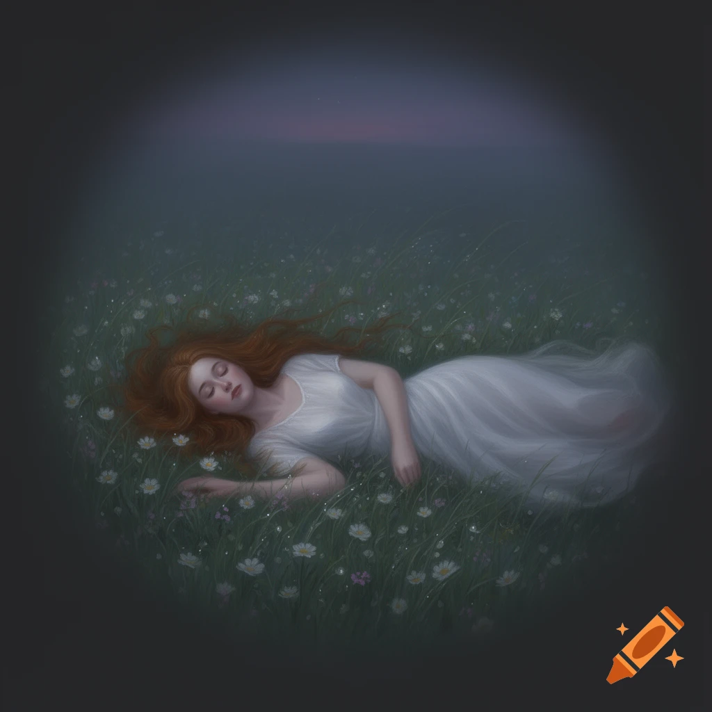 A woman with red hair in a white dress lies in a field of small white ...