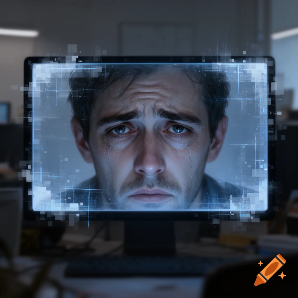 A sad man's crying face appears on a computer screen, surrounded by digital glitch effects, in an office setting.