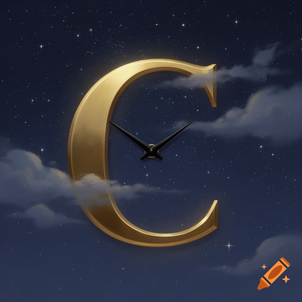 A large golden letter C acts as a clock face with hands pointing to half past eight, set against a starry night sky with clouds.