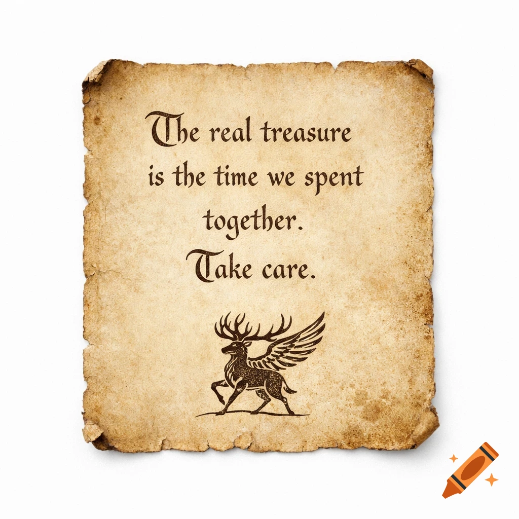 An old, crumpled letter with the text "The real treasure is the time we spent together. Take care." and a winged elk symbol.