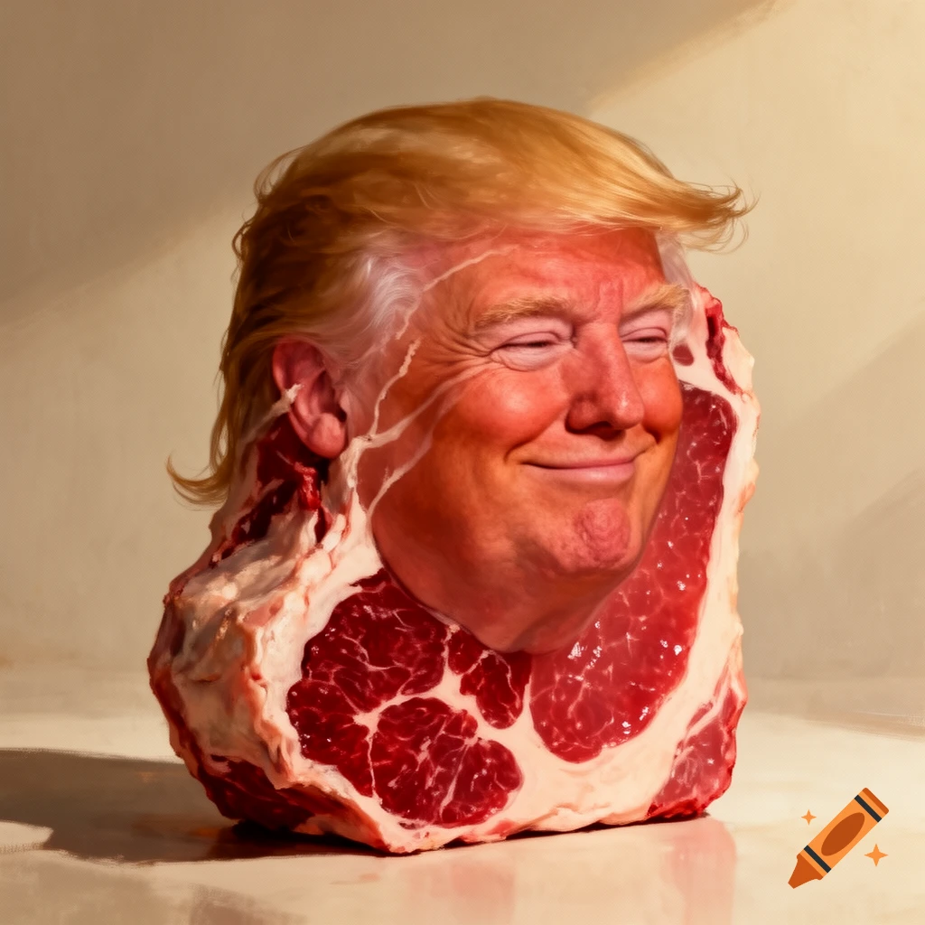 Close-up of Donald Trump's smiling face merged into a raw, red steak with visible veins, rendered in a detailed, somewhat grotesque style.