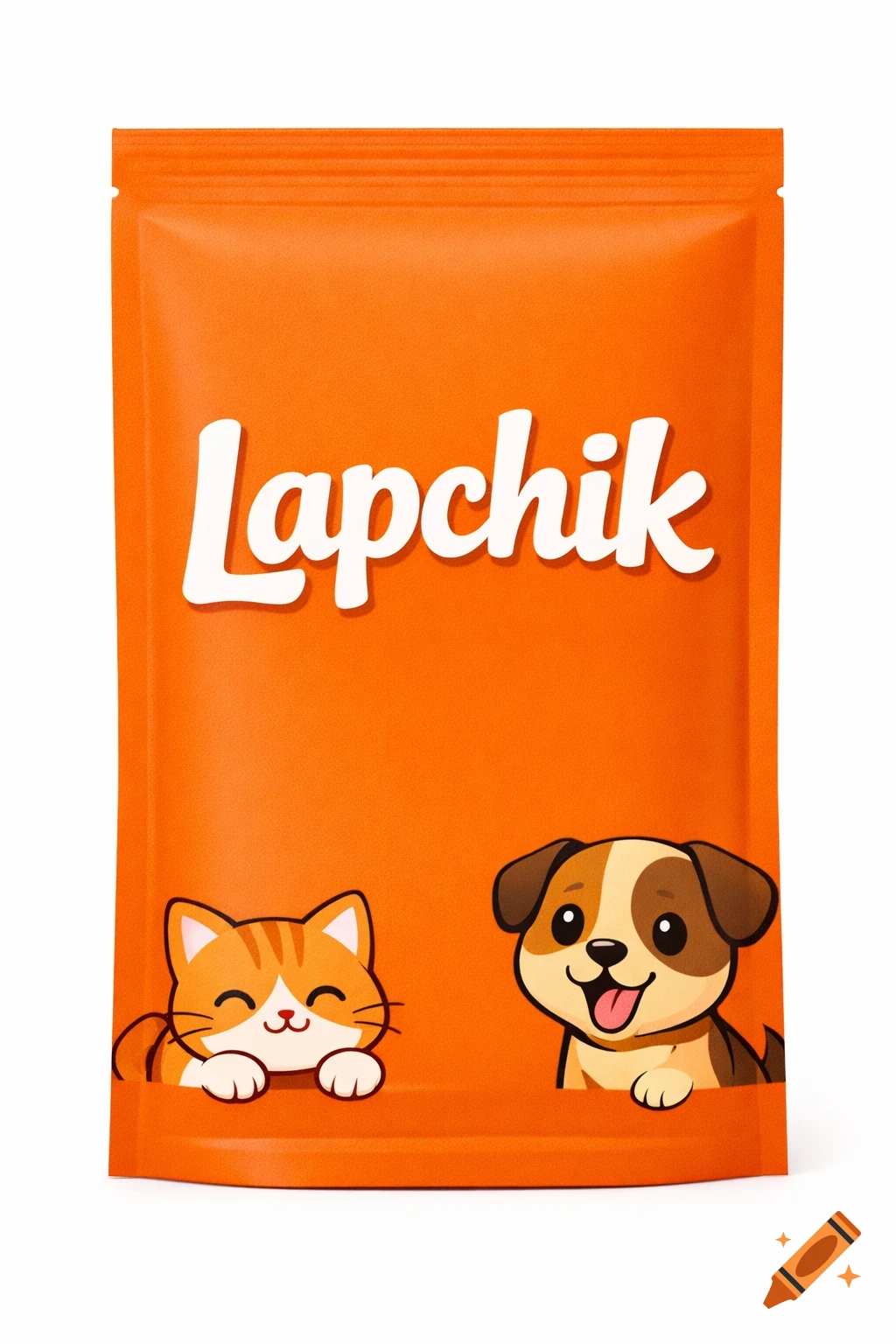 Bright orange pet treats package with 'Lapchik' logo and cartoon cat and dog illustrations.