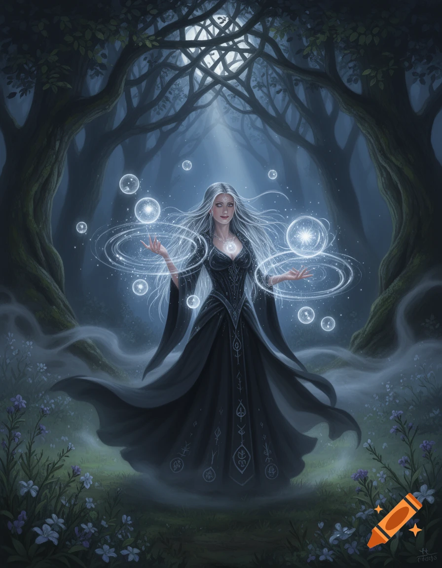 A white-haired witch in a dark dress casts glowing magic in a mystical, moonlit forest.