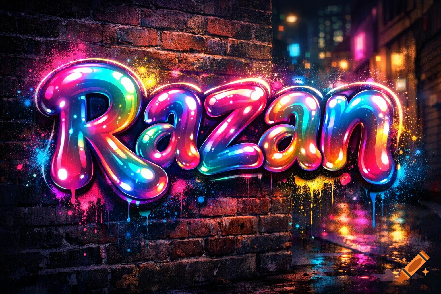 Vibrant, glowing bubble graffiti spelling 'Razan' on a dark brick wall with neon city lights in the background.