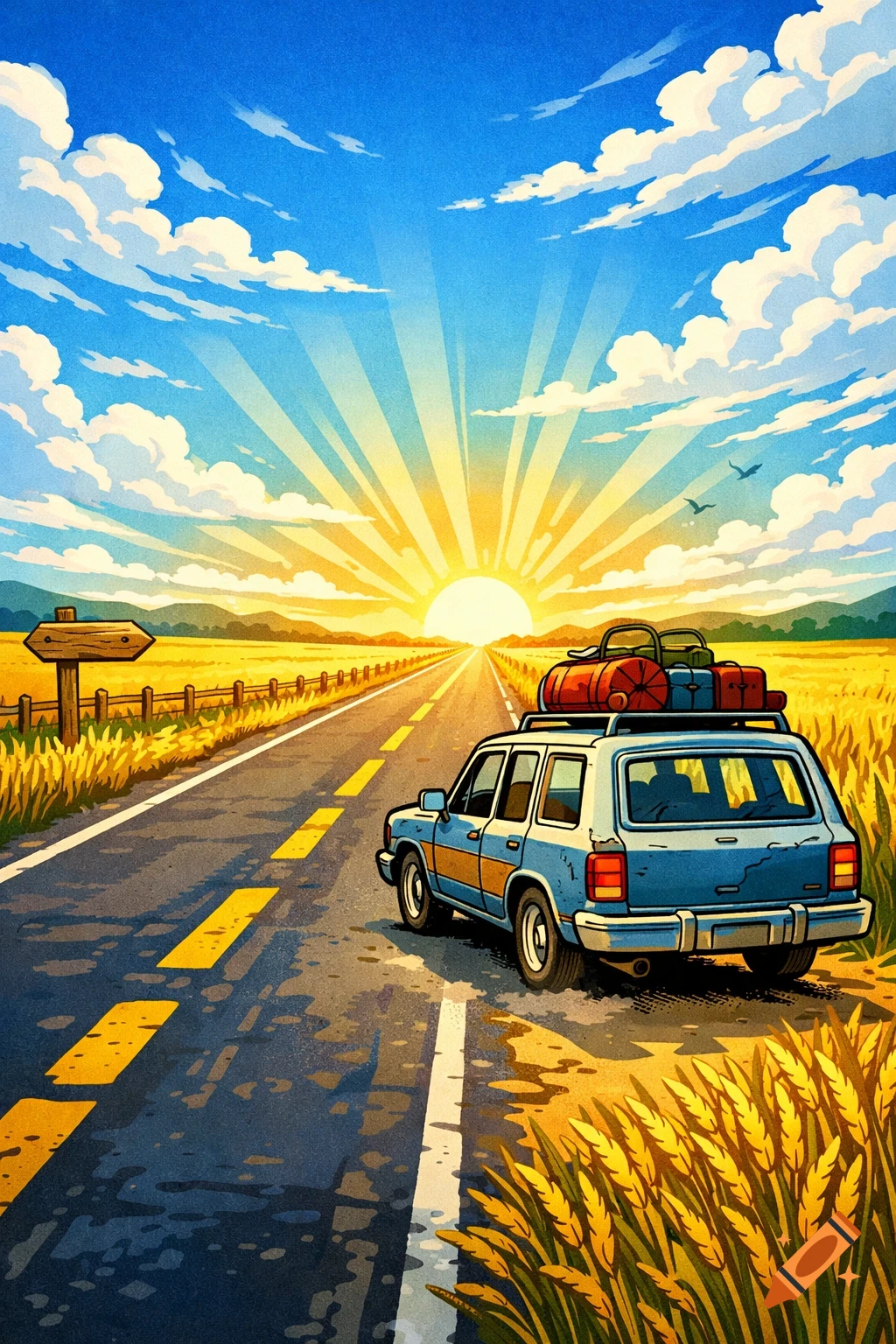 Comic art illustration of a blue station wagon driving on a road through golden fields under a bright sunny sky.