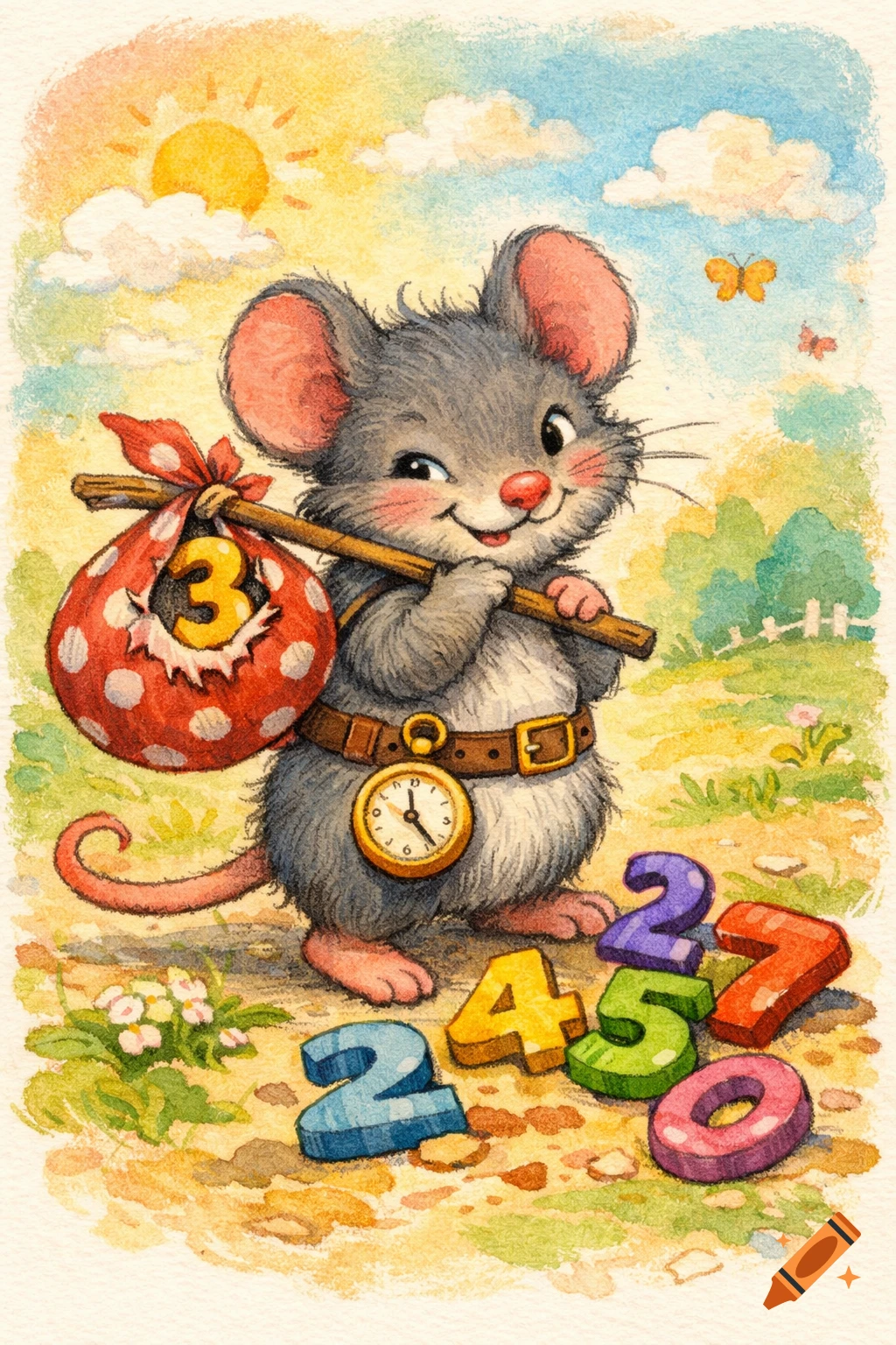 A cute gray mouse with a pocket watch on its belt, holding a stick with a polka-dot sack showing the number 3. Colorful numbers are on the ground in a watercolor style.