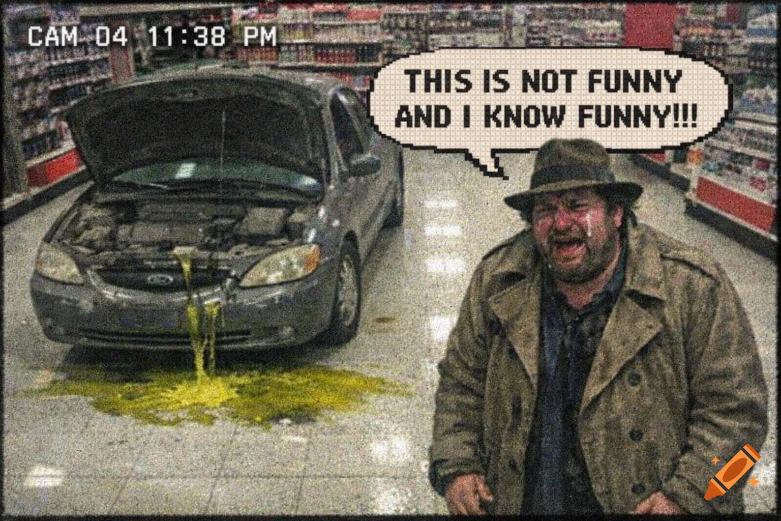 Grainy CCTV footage of a man in a fedora crying next to a car leaking yellow fluid in a store, with a speech bubble reading "THIS IS NOT FUNNY AND I KNOW FUNNY!!!"