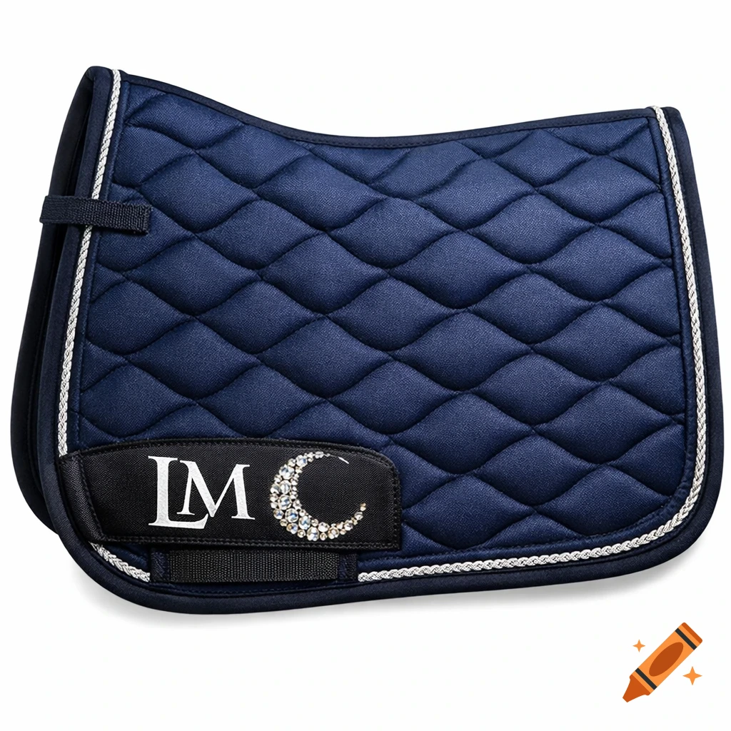 A dark blue quilted equestrian saddle pad with white piping and a black patch featuring 'LM' and a rhinestone crescent moon logo.