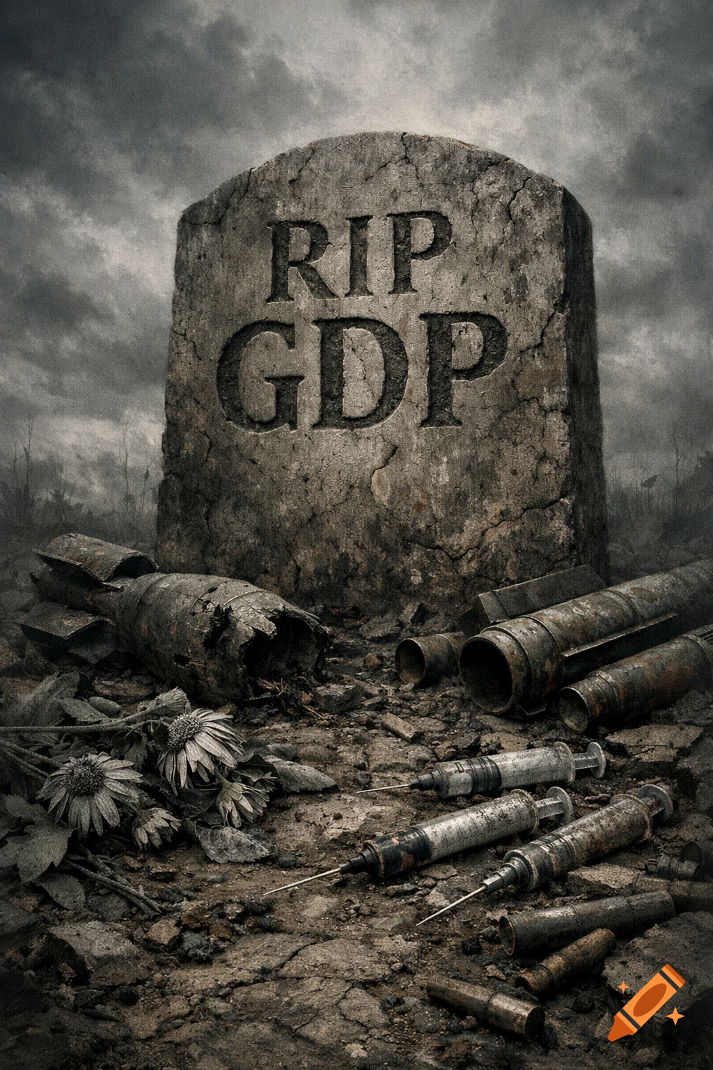 A weathered tombstone reading 'RIP GDP' stands amidst a desolate landscape littered with bombs, missiles, syringes, and dead flowers under a dark sky.