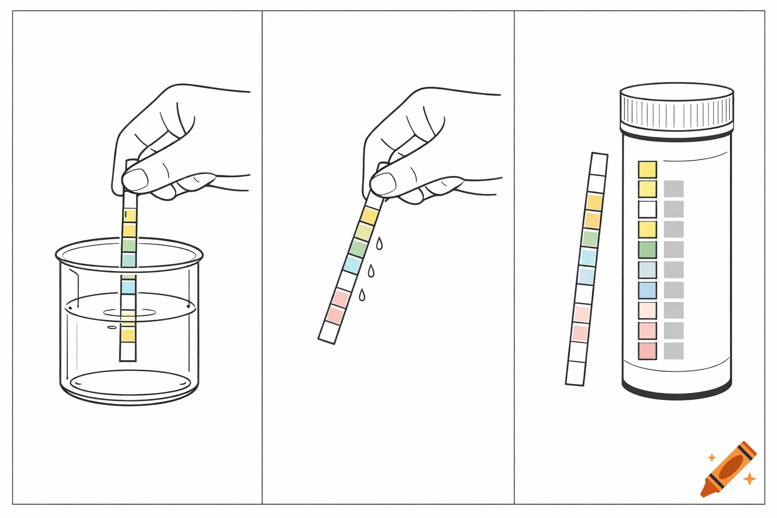 Minimalist line art shows a hand dipping a medical test strip into a beaker, then dripping, and finally comparing it to a reference chart on a container.