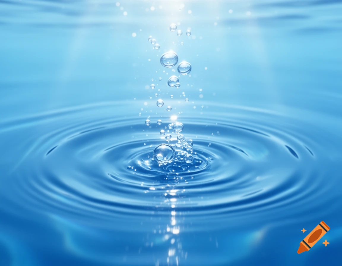 Close-up of clear blue water with ripples and bright air bubbles rising to the surface, illuminated from above.