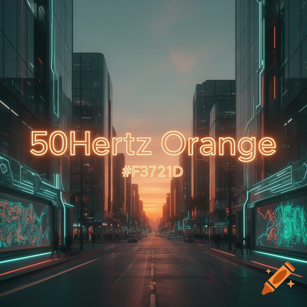 Futuristic city street at dusk with glowing neon orange text "50Hertz Orange" and "#F3721D", modern buildings, and a sunset sky.