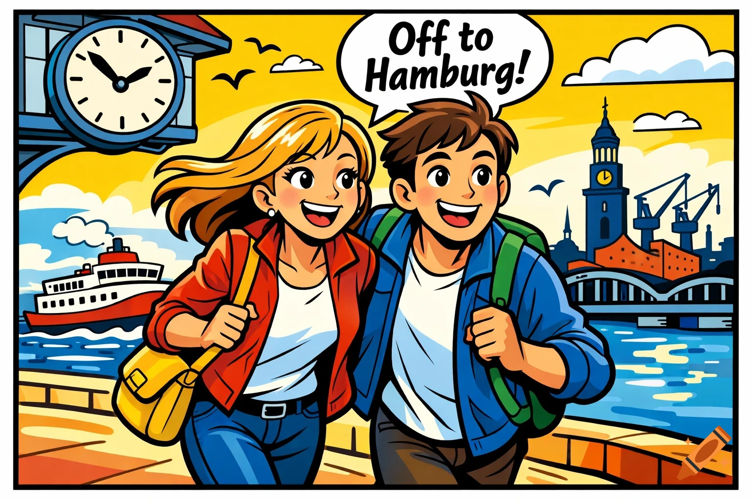 A vibrant comic art illustration of a smiling couple walking, with a ferry, clock tower, and cranes of Hamburg in the background.