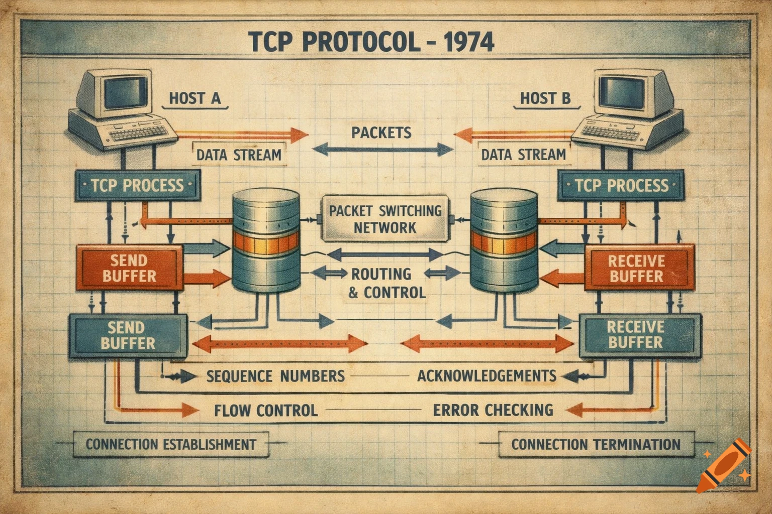 A vintage diagram illustrating the TCP Protocol from 1974, showing two hosts, data streams, packets, buffers, and control mechanisms.