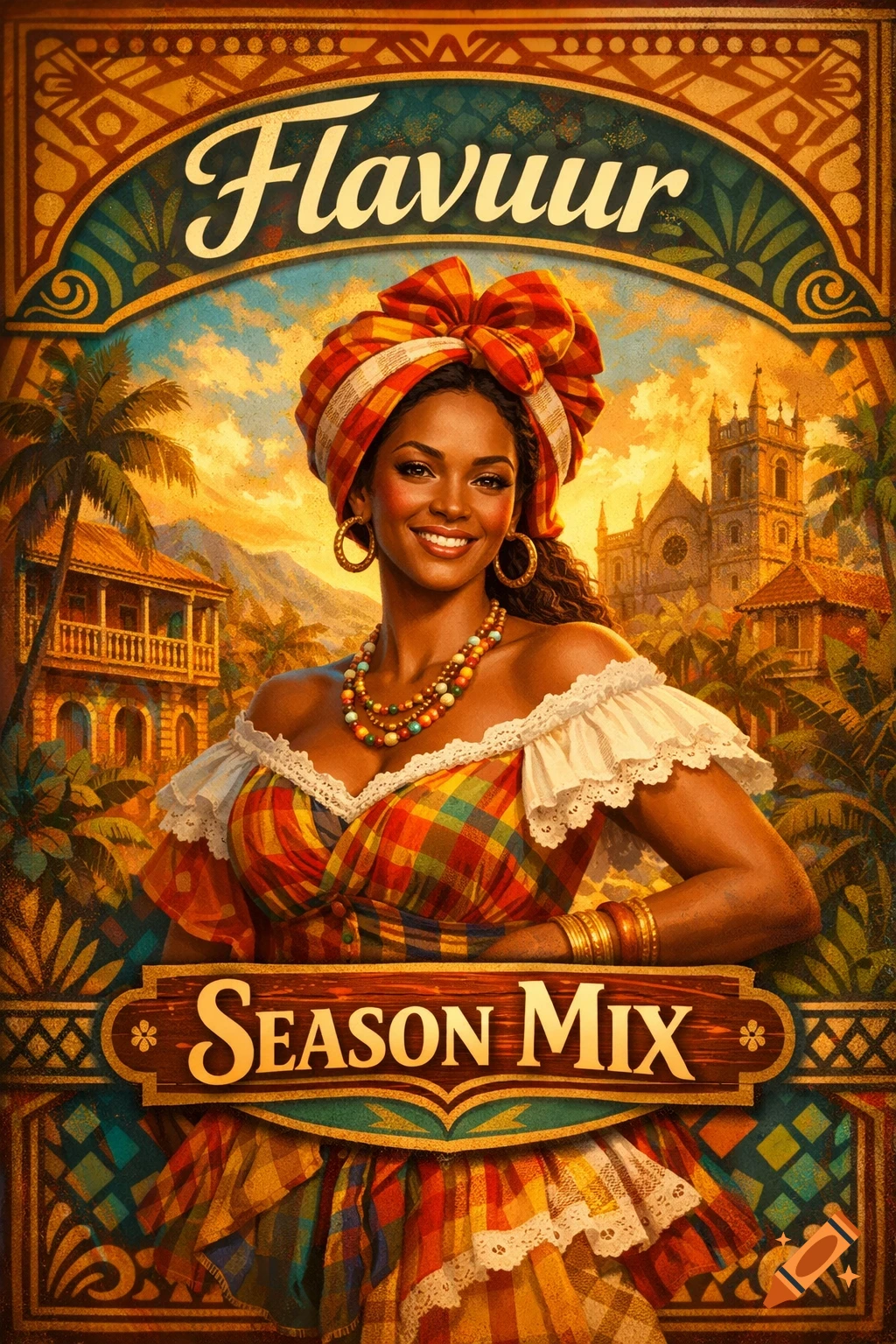 A vibrant illustration of a smiling Caribbean woman in a colorful dress and headwrap, set against a tropical village, with 'Flavuur Season Mix' branding.