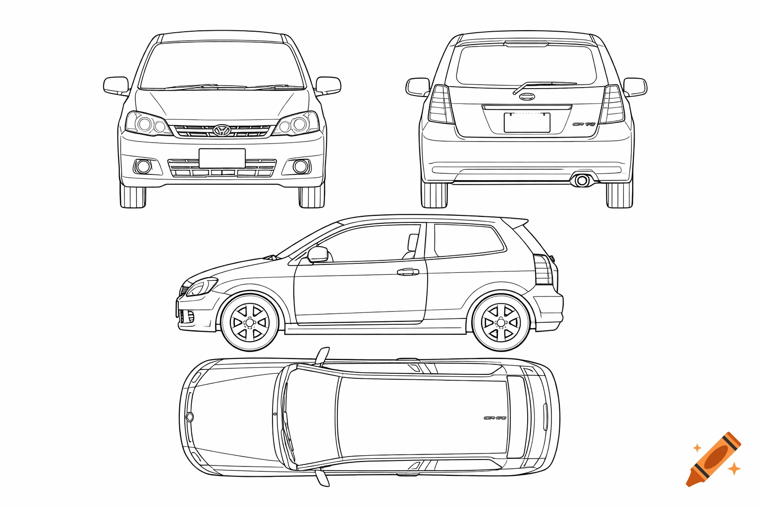 Line art blueprint of a 3-door hatchback car from front, rear, side, and top views.