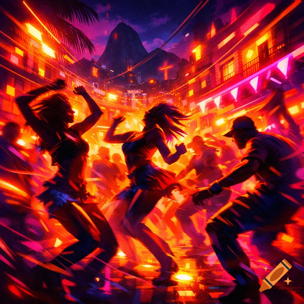 Vibrant, neon-lit street party in Rio de Janeiro with dancing silhouettes and motion blur in an abstract style.