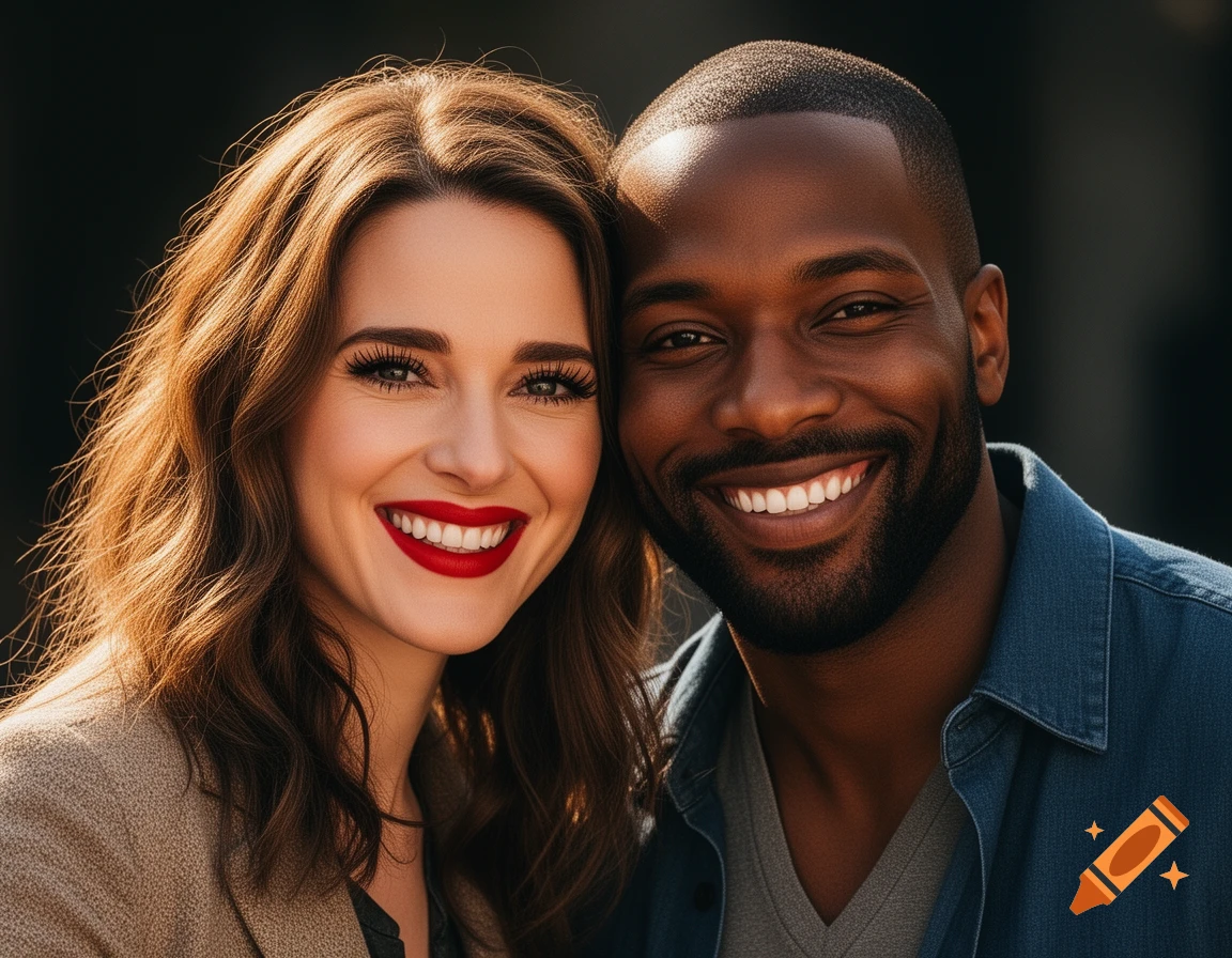 A smiling diverse couple, a man and a woman, pose for a close-up portrait with dramatic lighting.
