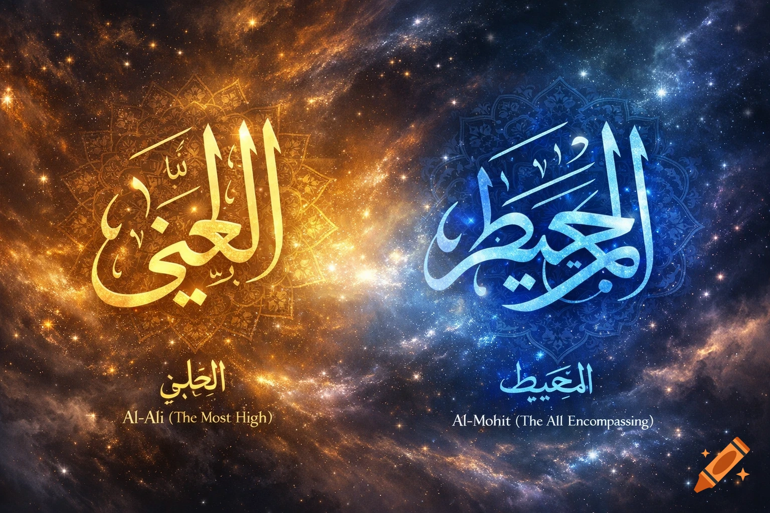 Golden and blue Arabic calligraphy glowing against a starry cosmic background.