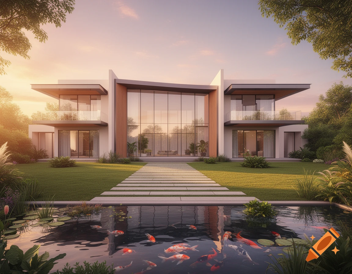 A modern house with expansive windows, a lush green lawn, and a koi pond, bathed in warm sunset light.