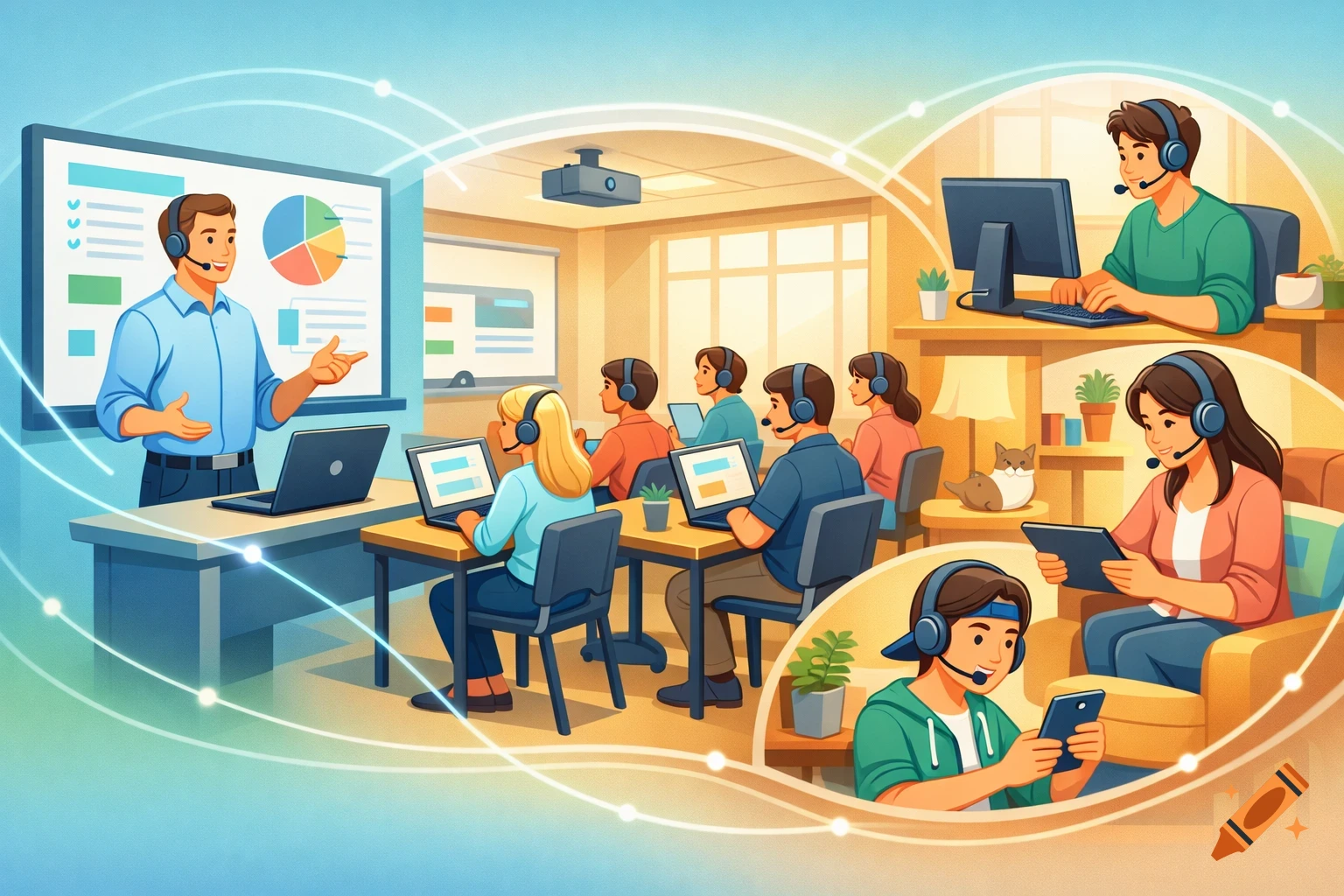 Digital vector illustration of a lecturer teaching students in a classroom and remote students online, connected by glowing network lines.