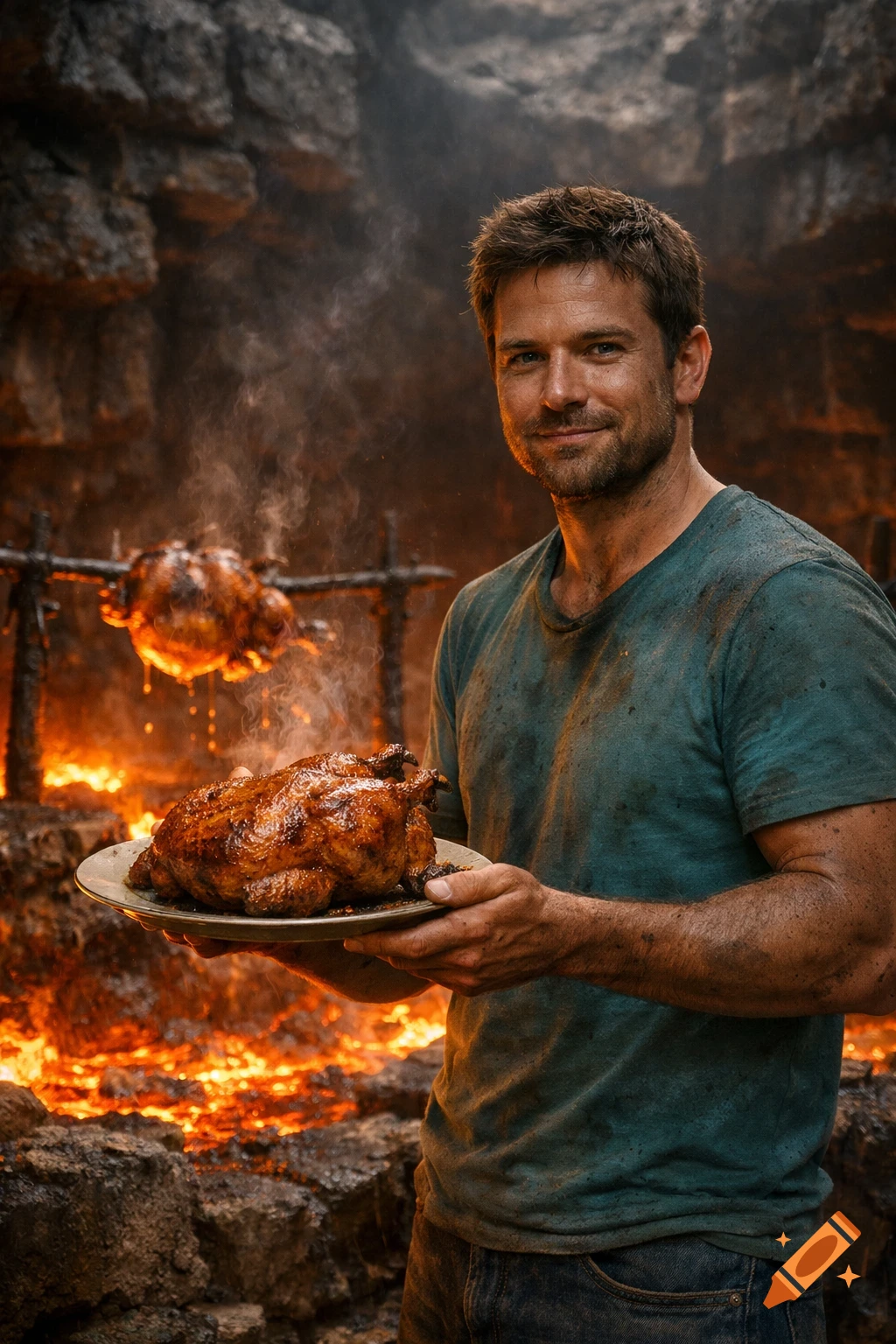 A man proudly holds a perfectly roasted chicken on a plate, standing in a fire-lit cave with another chicken cooking over the flames.