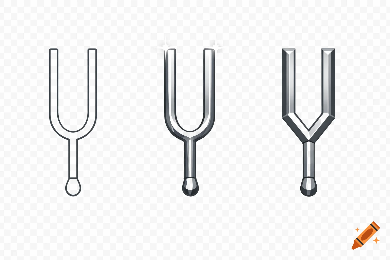 Three different styles of metallic tuning fork icons on a transparent background, suitable for a logo.