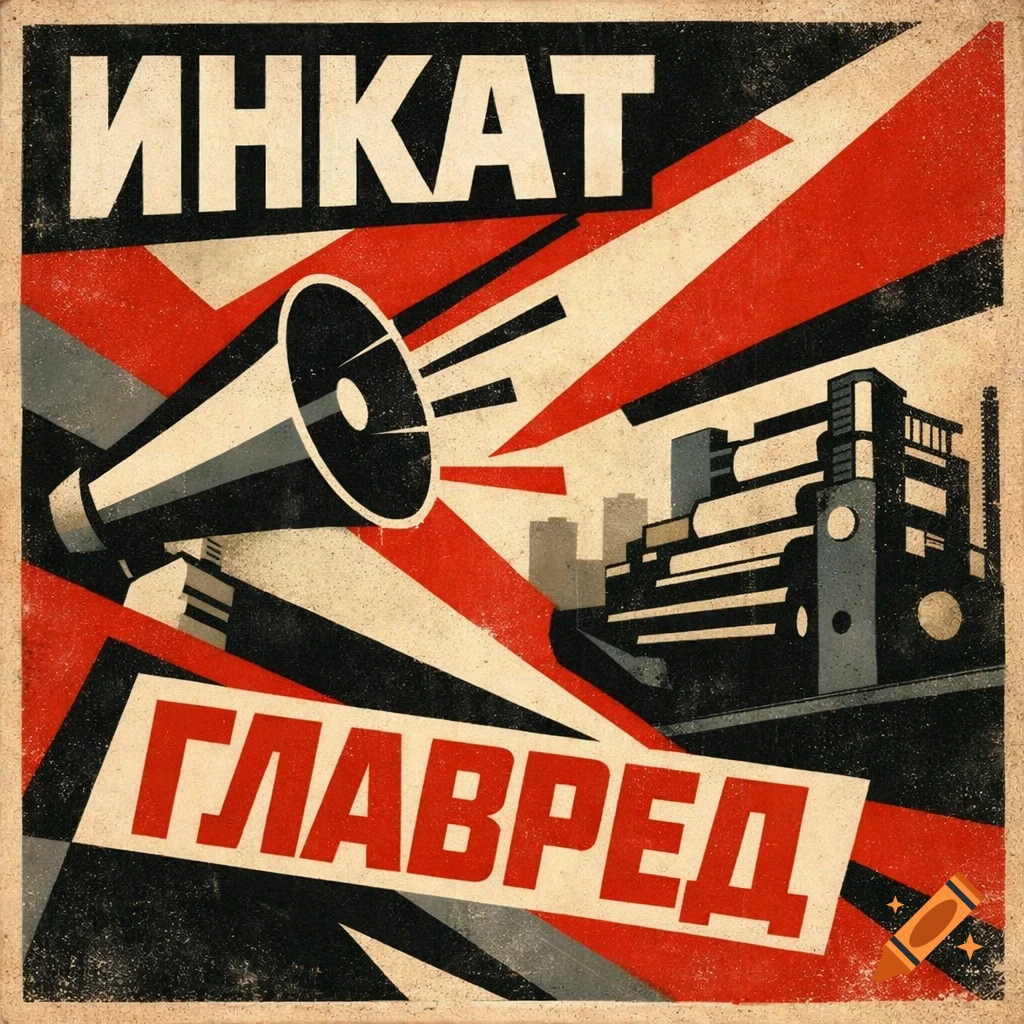 A vintage Soviet constructivist propaganda-style poster with a megaphone, industrial buildings, and Cyrillic text in red, black, and white.