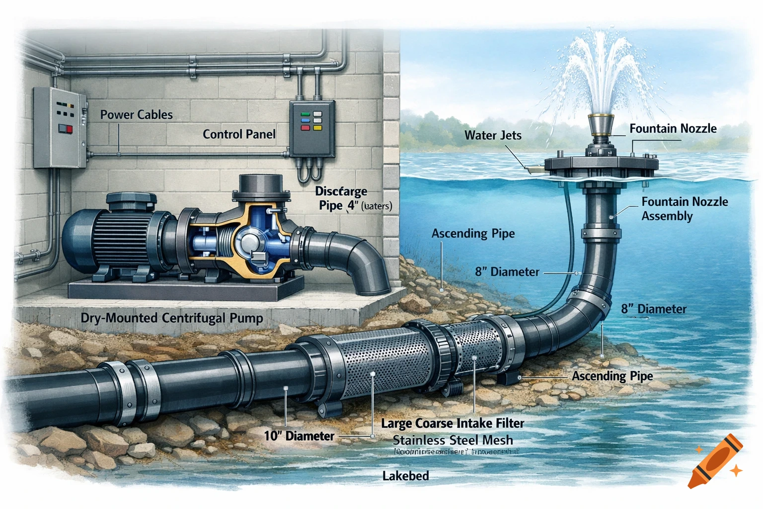 Technical illustration of a dry-mounted centrifugal pump connected by pipes to a fountain nozzle assembly in a lake, showing internal components.