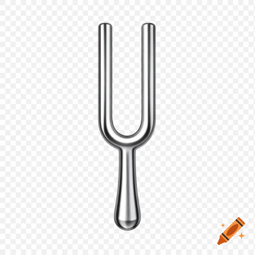 A shiny metallic tuning fork on a transparent background.